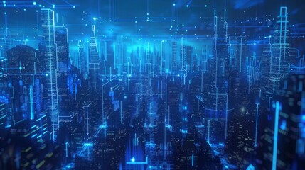 Obraz premium futuristic cityscape, neon lights, digital skyline, technology background, urban architecture, night scene, vibrant colors, modern design, abstract city imagery, advanced civilization, blue hues