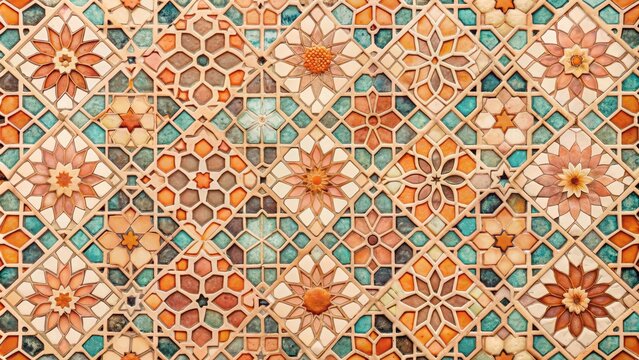 Intricate Mosaic Tilework with Floral Patterns, Islamic Architecture, Geometric Art, Mughal Art