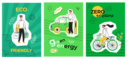 Hand drawn vector illustration concept of caring about ecology, green energy, transport. Set of doodle style posters. Save the planet