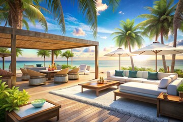 Fototapeta premium Cozy lounge lobby hall area with sea view and soft comfortable armchairs