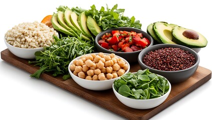 A wooden board with bowls of healthy ingredients including quinoa, chickpeas, avocado, tomatoes, and lettuce.