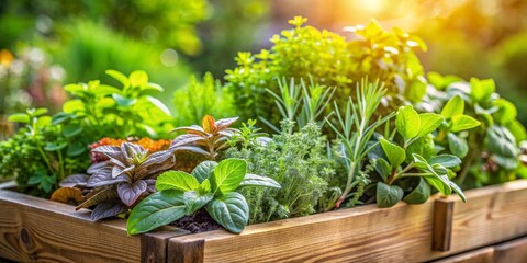 Wooden Planter Box Overflowing with Vibrant Greenery, Sunlight, Garden, Herbs, Plants,