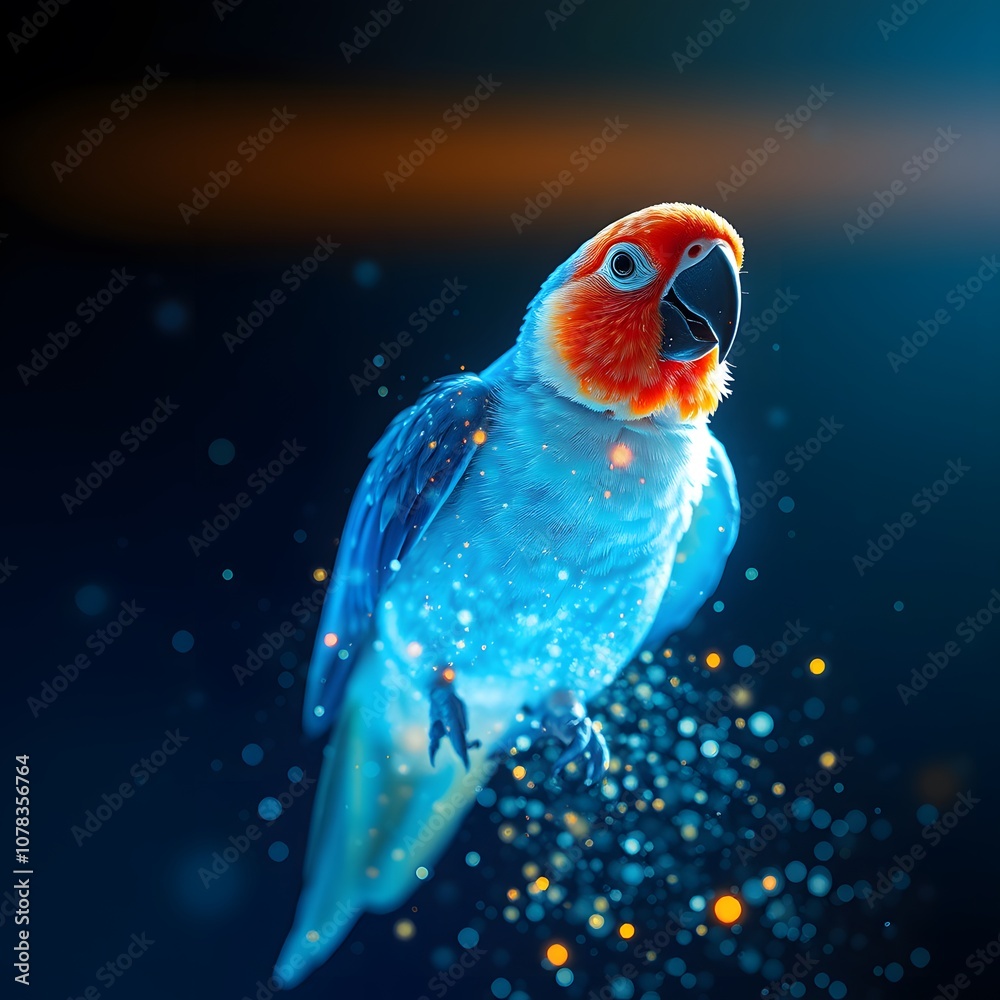 Poster a majestic parrot dissolving into particles with glowing effects ideal for artistic representation a