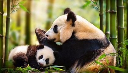 Naklejka premium A heartwarming scene of a mother panda playfully interacting with her cub in the midst of a lush bamboo forest