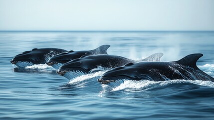 Fototapeta premium A pod of whales swims through the water.