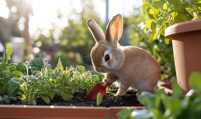 Adorable bunny rabbit gardening with a small red shovel in a garden bed.