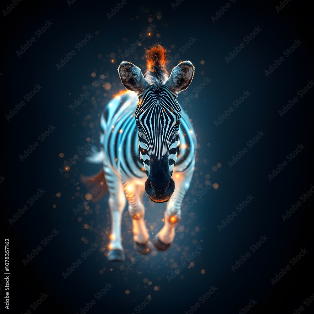 Leinwandbilder A Vigorous Zebra Dissolving and Disappearing in Glowing Particle Effects for Creative Digital Art and Design Projects