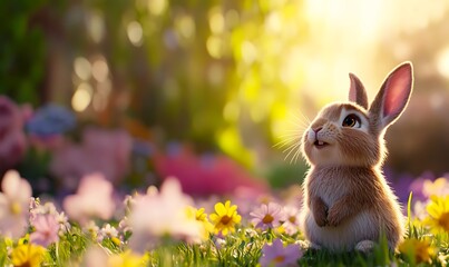 Adorable bunny rabbit sitting in a field of flowers, looking up at the sun with a happy expression.