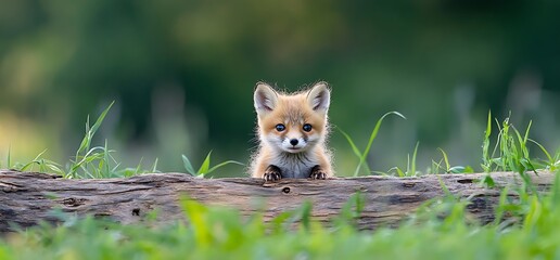 Fototapeta premium Adorable red fox cub peeking over a fallen log in a grassy meadow.