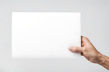 Obraz premium Hands hold an empty A4 sheet of paper. A clean flyer in your hands. For your text. Isolated on a gray background.