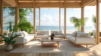 Fototapeta premium Wooden beach house living room interior in summer with rustic luxury sofa, table and decorations