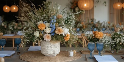 A beautifully set dining table adorned with floral arrangements for an elegant gathering.