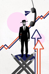 Fototapeta premium Vertical photo collage of serious man wear formal suit sombrero hat arrow development telephone handset call isolated on painted background