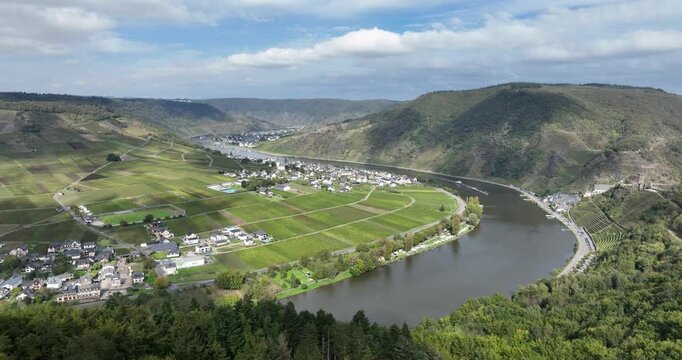 Aerial drone video of Burg Metternich and valley castle in the town of Beilstein on the Moselle river in the German state of Rhineland-Palatinate , which is part of the district of Cochem-Zell