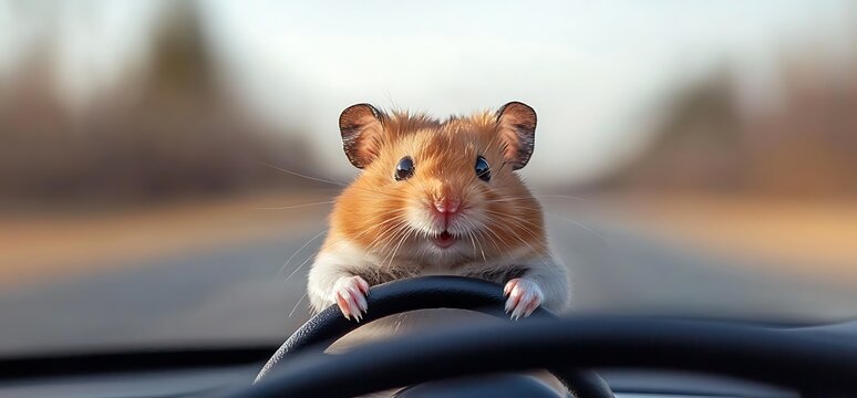 Cute hamster driving a car.
