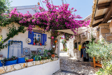Alley decorated with flowers in the picturesque village of Afionas on the island of Corfu in Greece