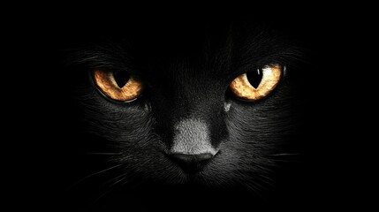 Close-up of a cat's bright eyes in the dark, reflecting a subtle light, surrounded by shadow.