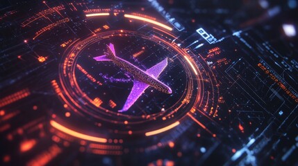 The Evolution of Flight: A Digital Airplane Hologram on a Tech-Driven Background.Concept of innovation, technological advancement, future of aviation, digital transformation, artificial intelligence, 