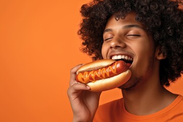 A man with curly hair enjoys a hot dog with mustard against a bright orange background, creating a mood of food enjoyment and vibrant colors