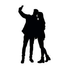 A couple standing side by side, with one person holding the phone for a selfie. The two are close together silhouette