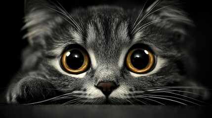 Close-up of a cat with big, bright eyes shining in the dark, capturing its curious and mysterious look.
