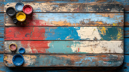 A rustic wooden surface featuring vibrant paint splatters and containers of blue, yellow, red, and black paint.