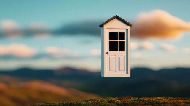 Surreal scene with floating doors and windows