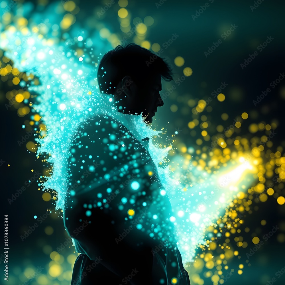 Poster A Vigorously Animated Man Disappearing into Glowing Particles, Perfect for Illustrating Transformation Concepts in Visual Media