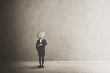 Obraz premium surreal businessman with face covered by a watch checking the time on his wristwatch, concept of control