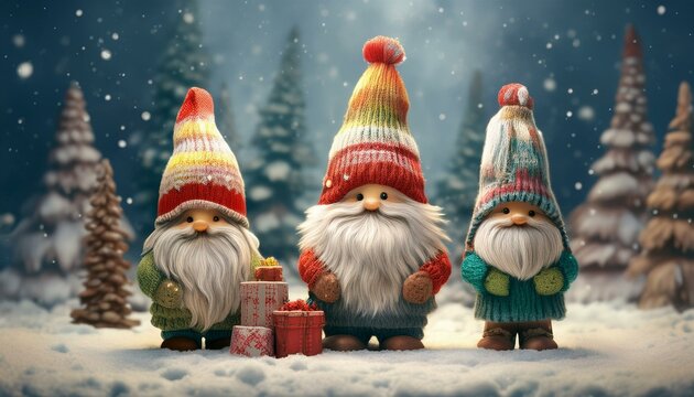 Magical, detailed and magical winter landscape with soft colors and green fir trees; snow will fall, in the foreground will stand three gnomes of different sizes and with gifts in their hands