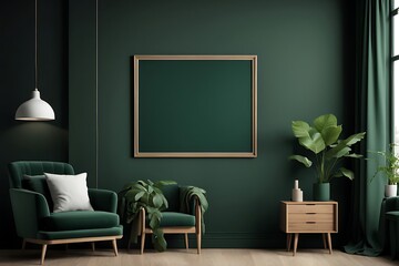 Mock up poster in the interior of the living room with a green wall and sofa. wooden parquet. 3d rendering