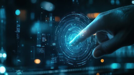 A hand reaches out to touch a futuristic, glowing, digital interface.