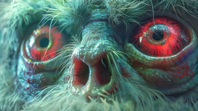 close up creepy red eyed hairy monster