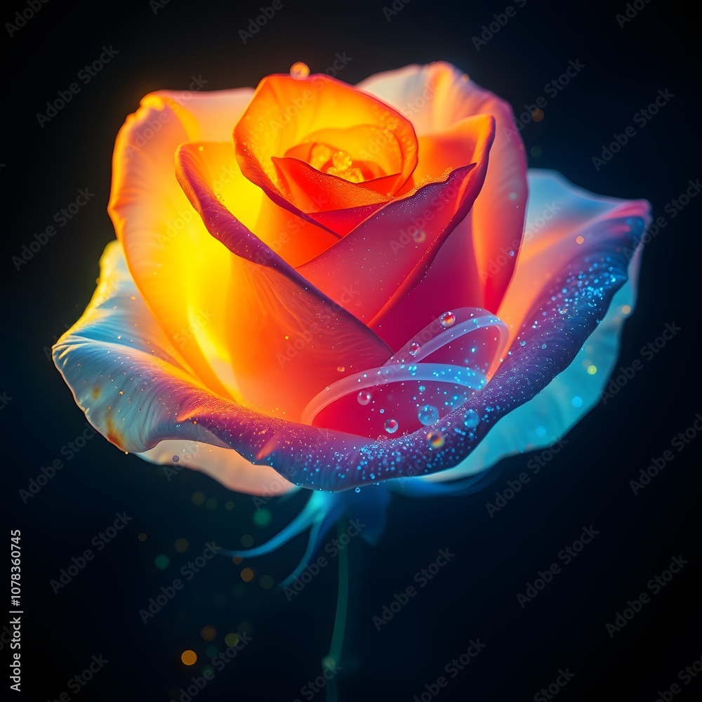 Poster A Vibrant Rose Dissolving into Glowing Particles, Perfect for Artistic and Abstract Themes in Design Projects