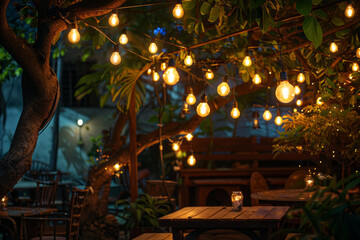 Naklejka premium View of stylish string lights hanging under the tables on trees in the garden in the evening, trendy decoration with bulbs for night summer party or rustic restaurant