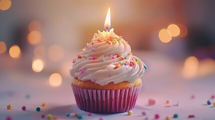 Close-up of a cupcake with swirled icing, colorful sprinkles, and a burning candle, isolated on a soft background.