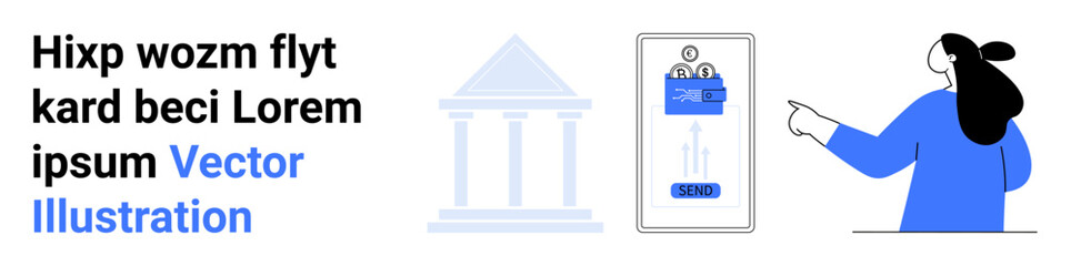 Person pointing at digital payment terminal beside a classical bank building icon and placeholder text. Ideal for fintech, digital payments, online banking, finance apps, tech startups, financial
