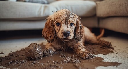 A Cocker Spaniel puppy, covered in mud, is playing on the living room floor, leaving behind dirt and debris as it plays with its toy.