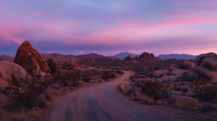 A winding dirt road leads through a desert landscape under a vibrant pink and purple sunset.
