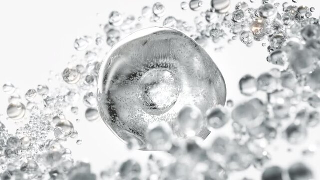 Clear cosmetic serum with liquid bubbles in a 3D abstract background. Hydrating essence gel enriched with collagen molecules. Moisturizing cream or oil for advanced skincare, beauty, and skin health.