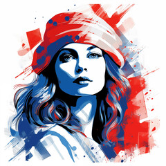 Marianne, the French icon of patriotism, is illustrated in a modern portrait with tricolor, symbolizing liberty, feminism, and pride.