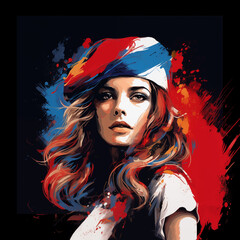 Marianne, the French emblem of patriotism, is depicted in a modern portrait with tricolor, symbolizing liberty, feminism, and pride.
