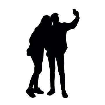 recommend clip art: A couple standing side by side, with one person holding the phone for a selfie. The two are close together silhouette