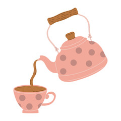 Vector Illustration of Cozy Teapot Pouring Tea into a Cup with Polka Dot Pattern. Charming and minimalist vector illustration 