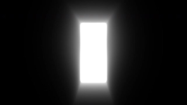 A black-and-white animation of a door opening into a room where intense white light glows and shines from the edges of the door frame