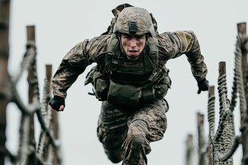 Camouflaged soldier climbing rope obstacle course.