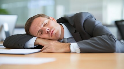 Fototapeta premium Burned Out Office Worker Taking a Power Nap.Concept of overwork, burnout, stress, lack of work-life balance,lack of sleep,and the negative impact of long working hours on mental and physical health.