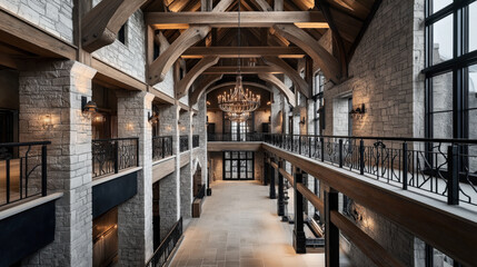 Obraz premium Spacious stone interior with wooden beams, large chandelier, and metal railings, exuding a rustic yet elegant architectural design.