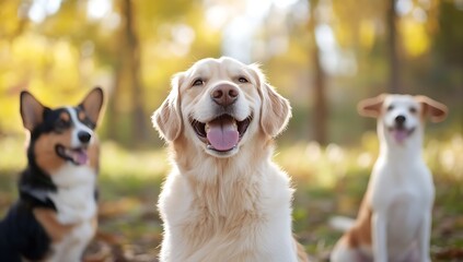 Three happy dogs sitting in the park on a sunny day.