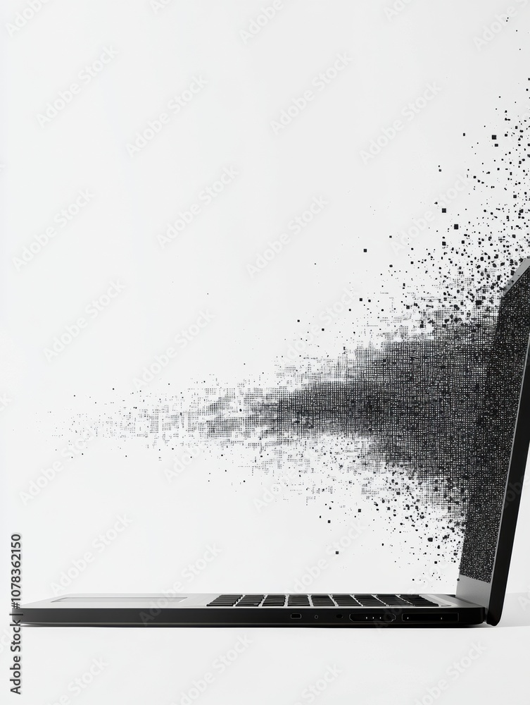 Aufkleber a sleek laptop emits pixel-like elements, dispersing into digital particles against a simple backgro